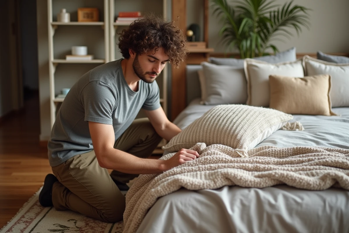 Homme arrangeant des coussins et un plaid sur un lit dans une chambre adulte modernisée avec des accessoires abordables