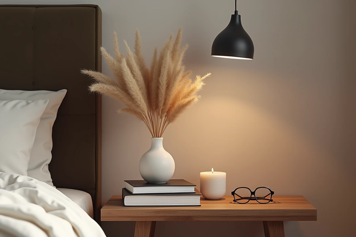 Décoration de table de chevet tendance dans une chambre adulte relookée à moindre coût avec des accessoires minimalistes