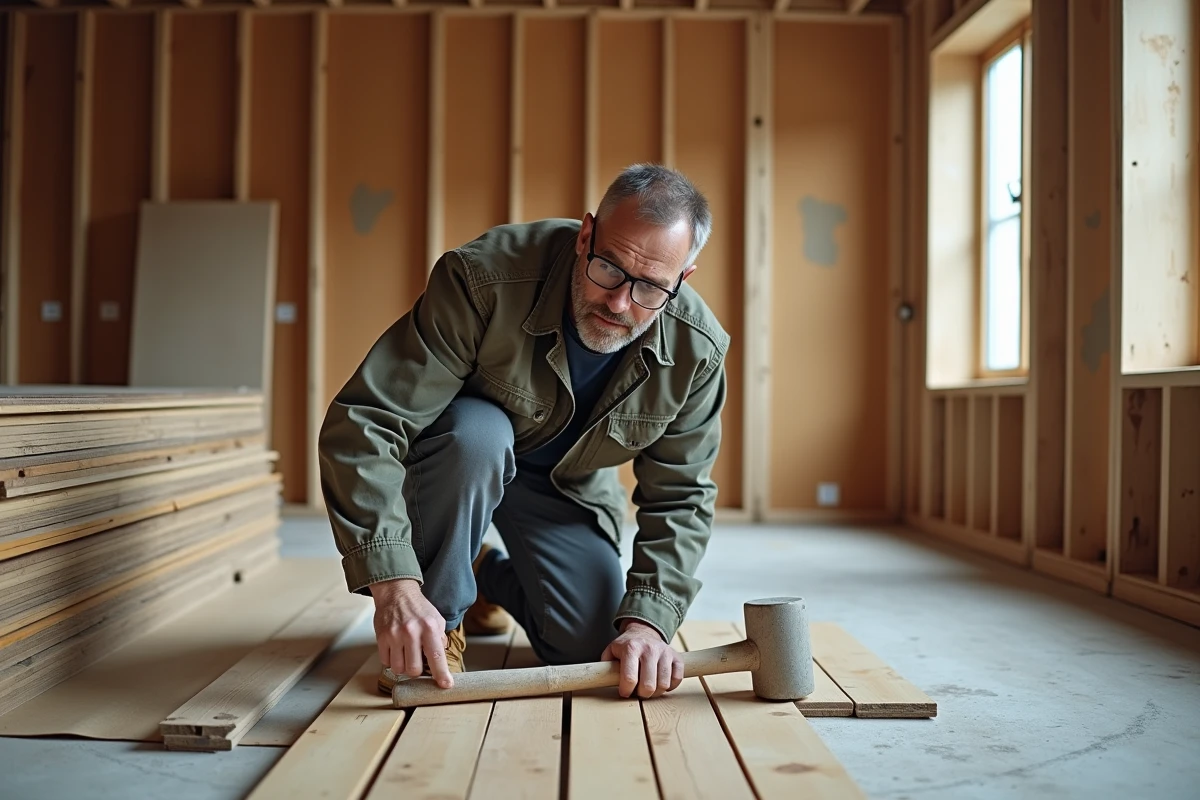 Artisan posant un parquet en bois récupéré dans une maison en cours de rénovation durable