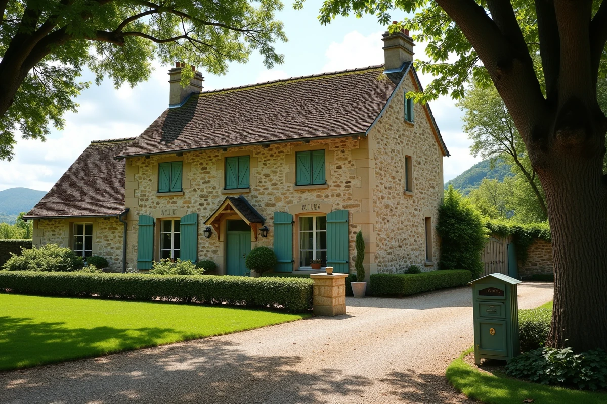 Résidence secondaire en pierre avec volets verts dans la campagne française