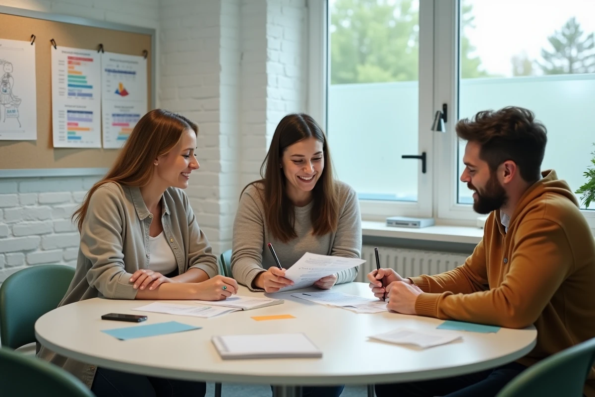 Groupe de parents planifiant le financement participatif d'une école Montessori lors d'une réunion communautaire