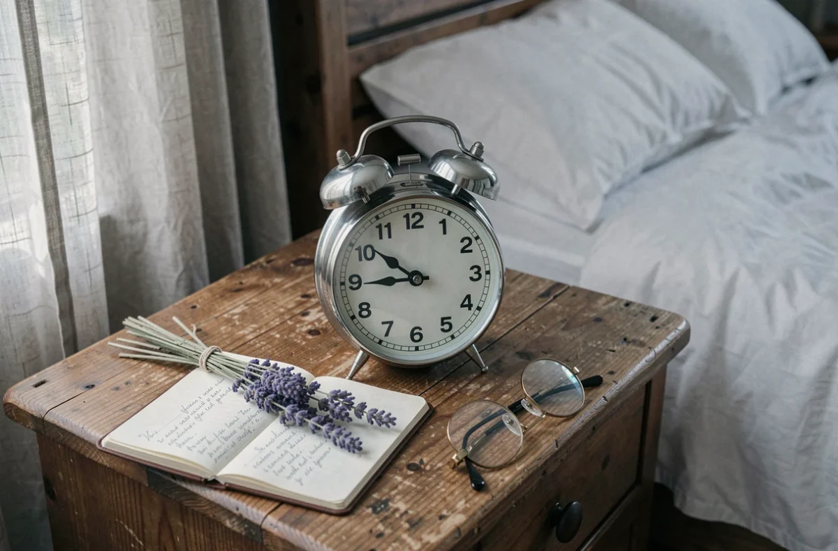 Réveil analogique indiquant 14h14 posé sur une table de nuit avec un journal intime, illustrant la signification spirituelle de l'heure miroir