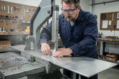 Ouvrier métallurgiste guidant une tôle en inox sous un ruban scie spécial acier inoxydable dans un atelier industriel