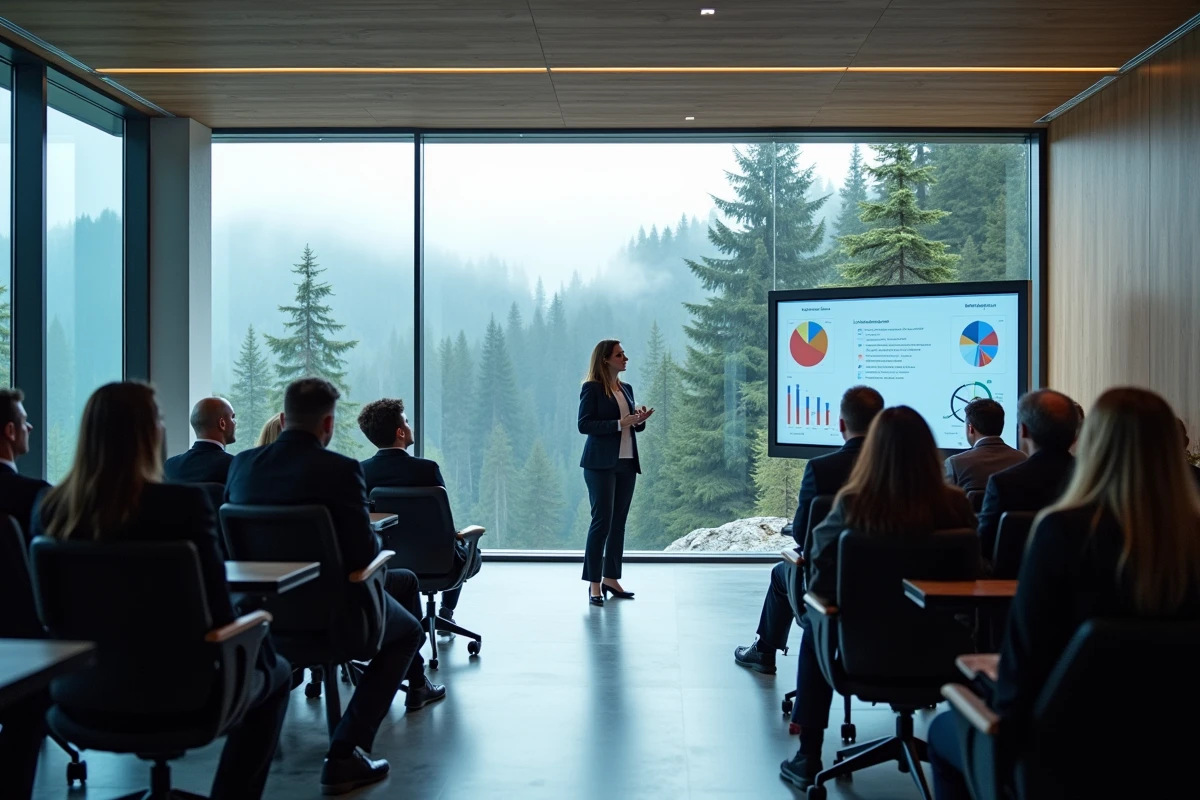 Présentatrice animant une conférence dans une salle de séminaire moderne d'un hôtel alpin en Savoie