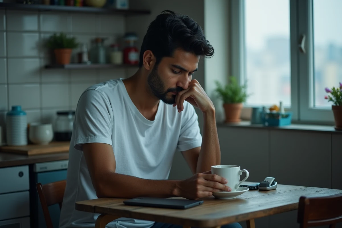 Jeune homme sud-asiatique assis seul dans une cuisine, regard perdu dans le vide, représentant l'isolement et la détresse psychologique dans les minorités ethniques
