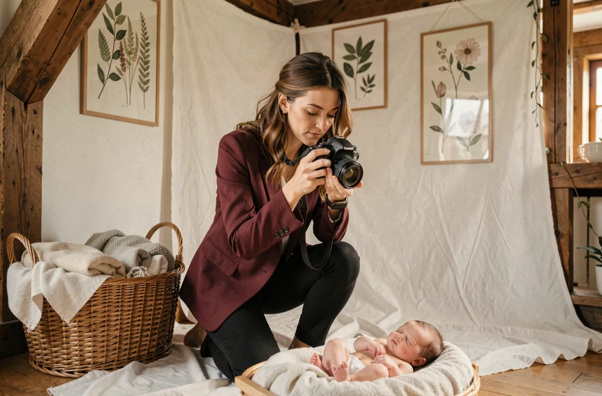 Lénaïc Sanz photographe dans son studio décoré de poutres en bois, préparant un décor de séance naissance avec des accessoires en osier et lin blanc