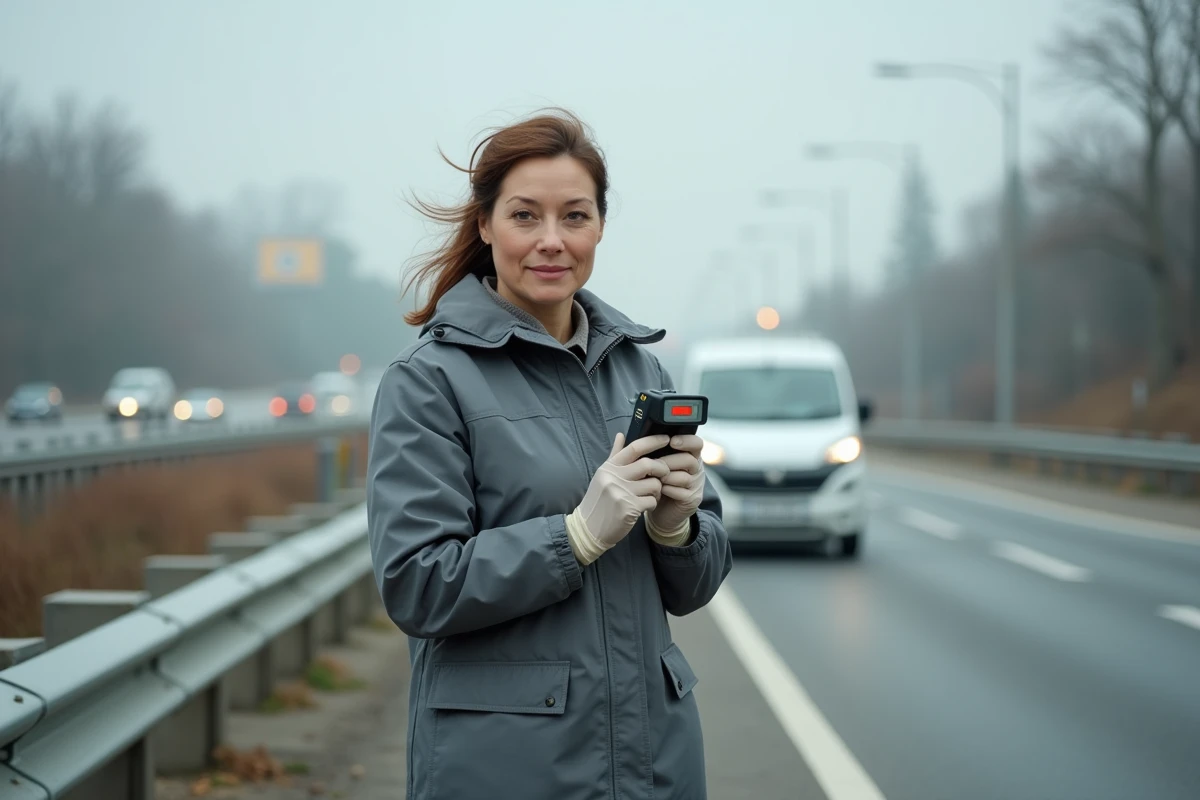 Scientifique mesurant la qualité de l'air au bord d'une route pour analyser les sources de pollution automobile