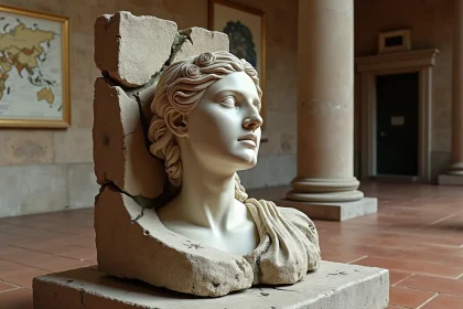 Fragment de sculpture en marbre grec représentant une figure féminine émergée de la terre, évoquant la déesse Gaïa dans un musée aux murs en pierre ancienne
