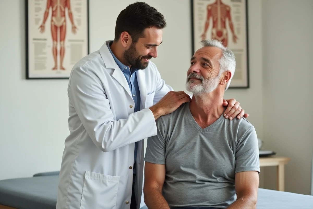 Ostéopathe effectuant une manipulation cervicale sur un patient en cabinet, médecine douce prise en charge par l'assurance maladie