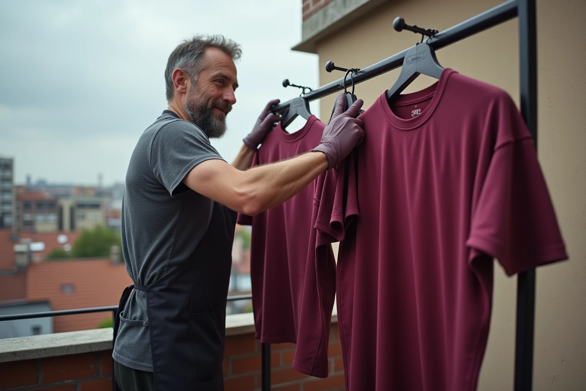 Homme suspendant un t-shirt en polyester fraîchement teint en bordeaux sur un séchoir sur un balcon urbain