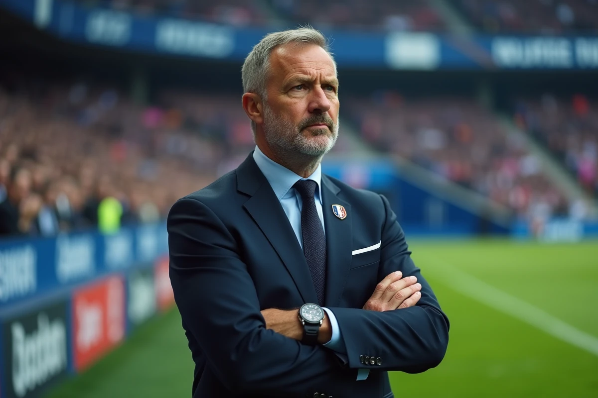 Sélectionneur de l'équipe de France en bord de terrain lors d'un match de l'Euro avec un regard concentré