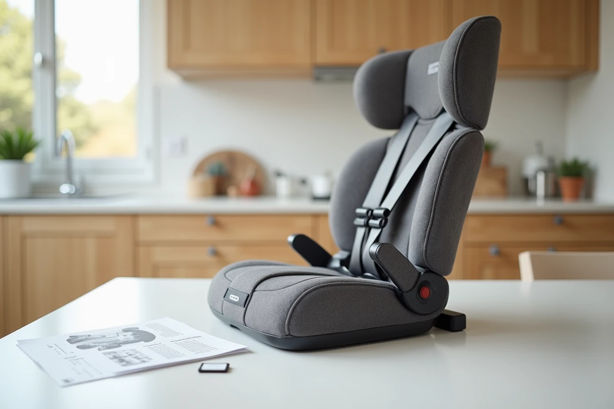 Siège auto rehausseur gris posé sur une table en bois avec notice et étiquette de prix