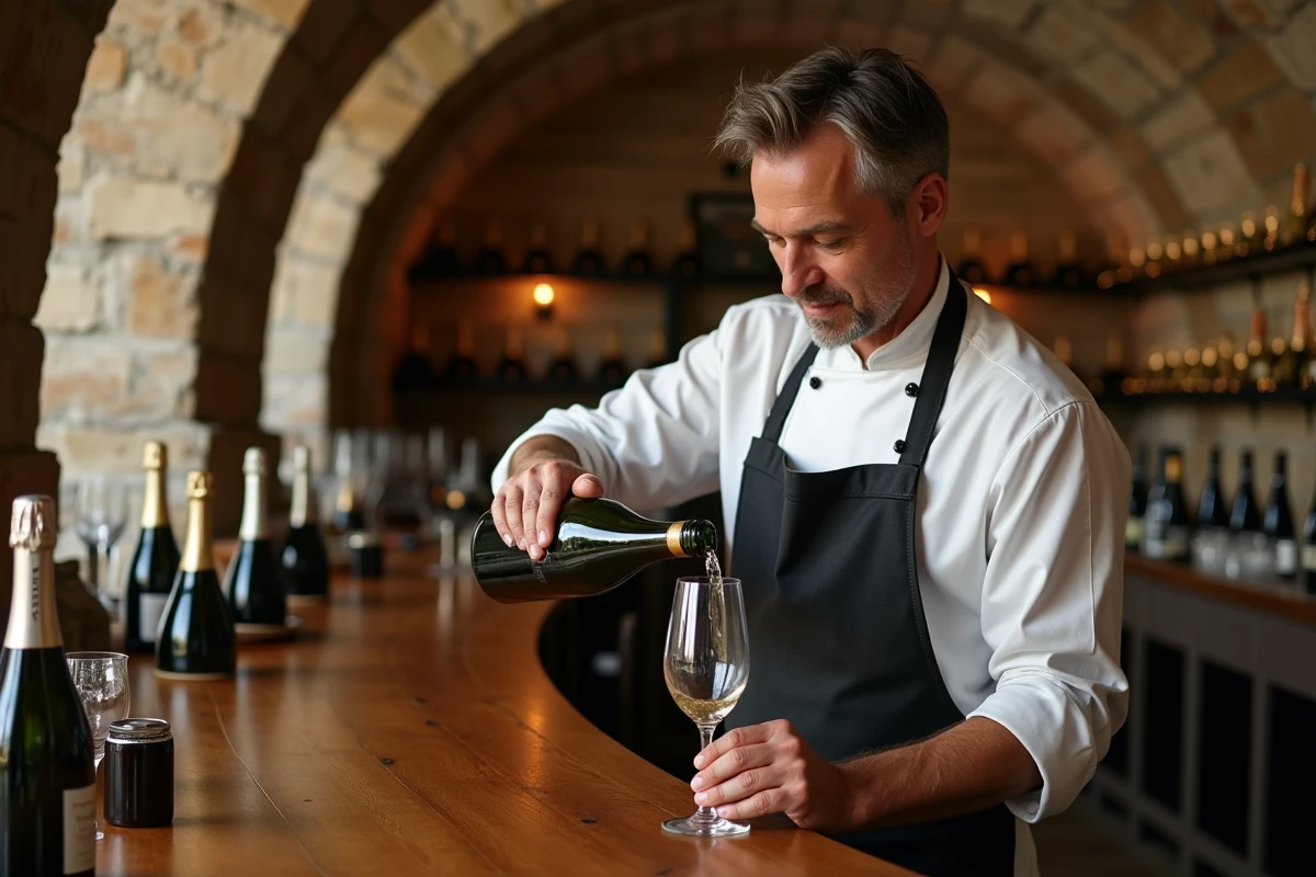 Sommelier versant du champagne dans une cave voûtée en pierre avec des casiers de bouteilles en arrière-plan