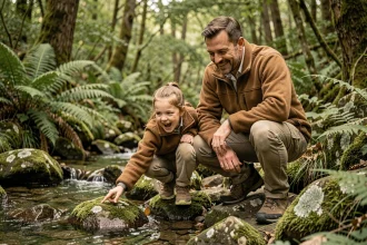 Père et fille explorant un ruisseau en forêt lors d'une sortie nature en famille, renforçant leur complicité