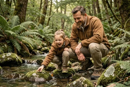 Père et fille explorant un ruisseau en forêt lors d'une sortie nature en famille, renforçant leur complicité