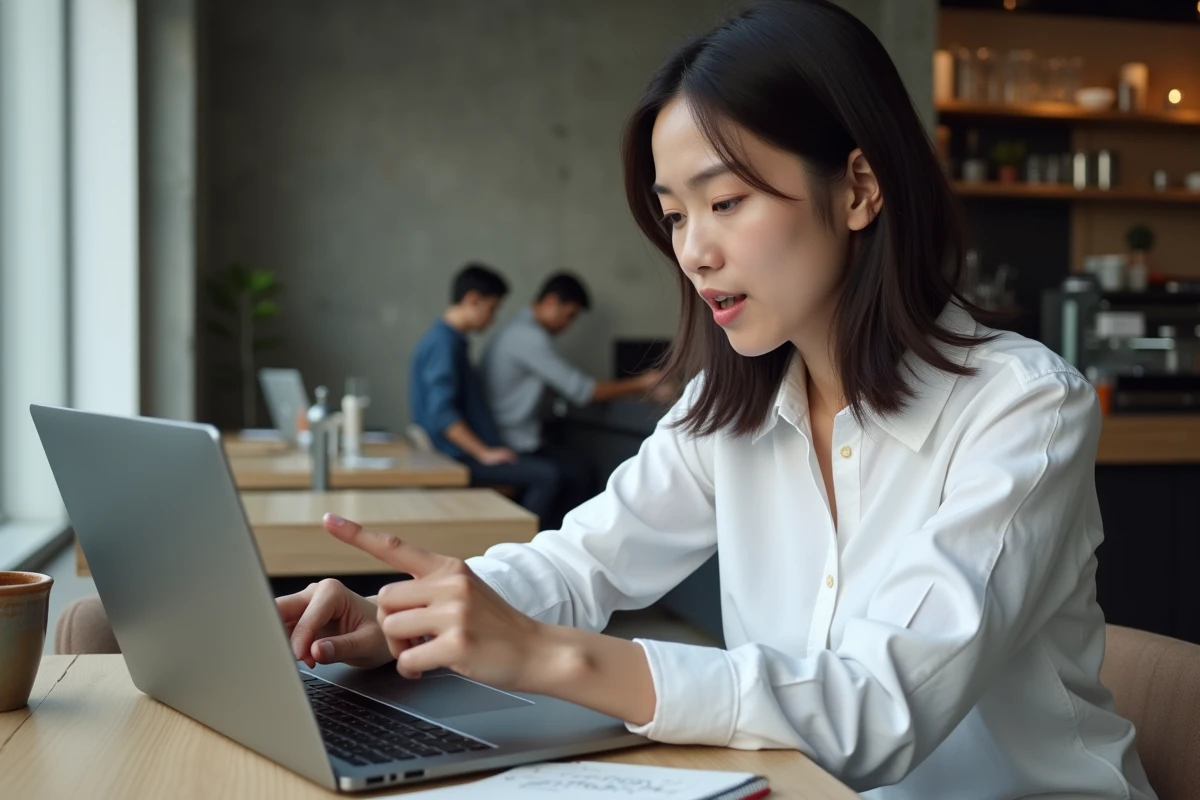 Femme consultant les spécifications techniques du chip M4 sur un laptop dans un café moderne