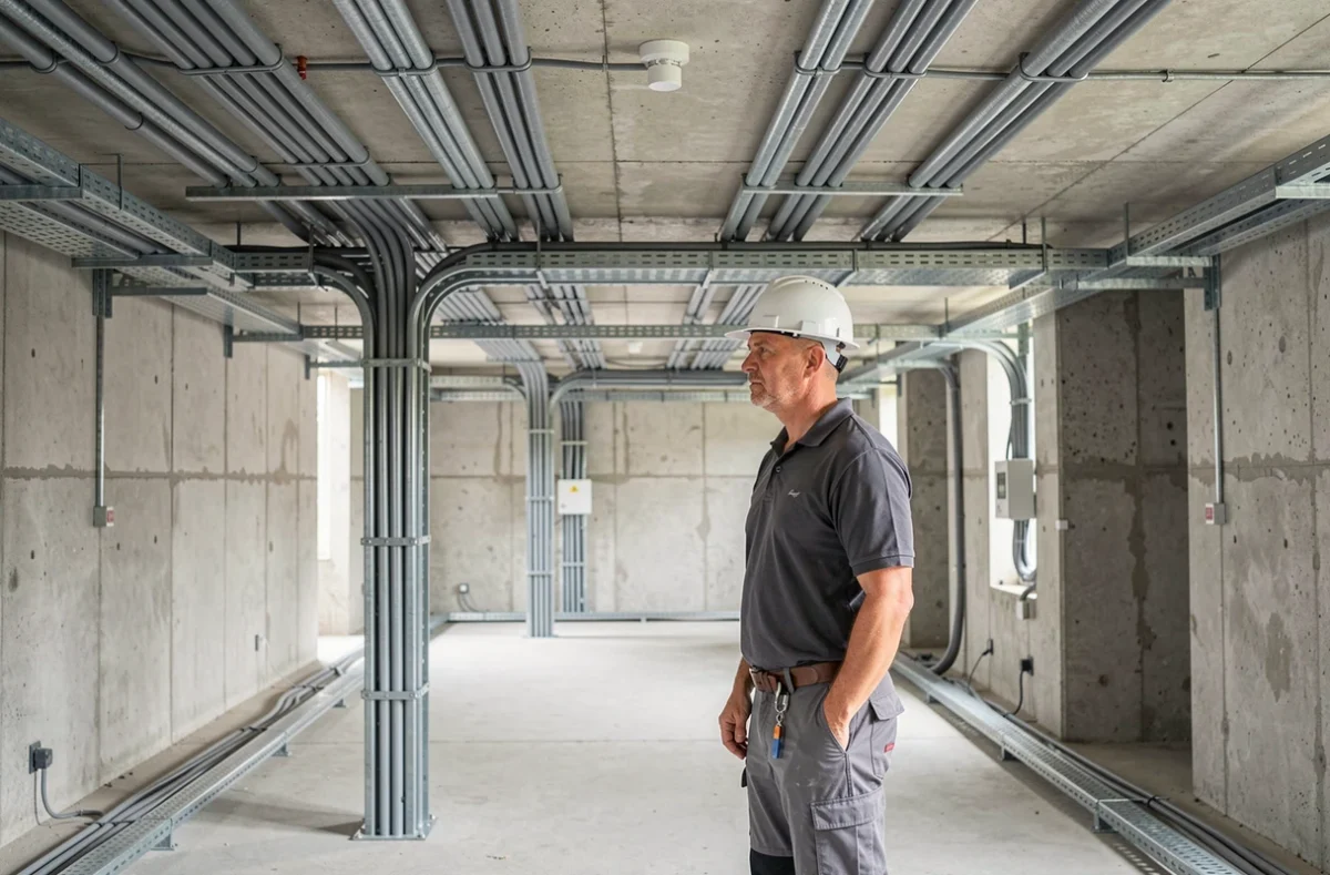Électricien S.T.E. Installations Electriques supervisant une installation électrique complète dans un bâtiment commercial neuf
