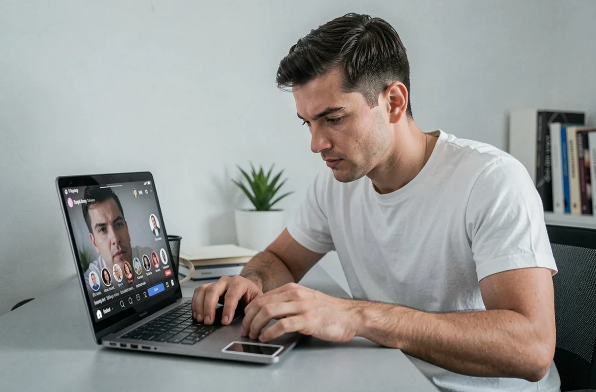 Homme consultant anonymement des stories Instagram sur un ordinateur portable dans son bureau à domicile
