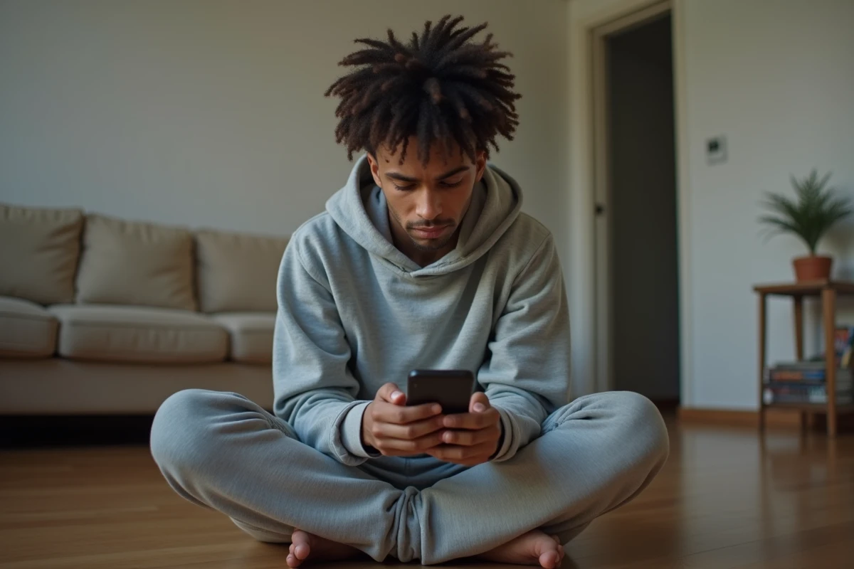 Jeune adulte assis sur le sol de son appartement, visage anxieux fixé sur un smartphone, illustrant le stress numérique