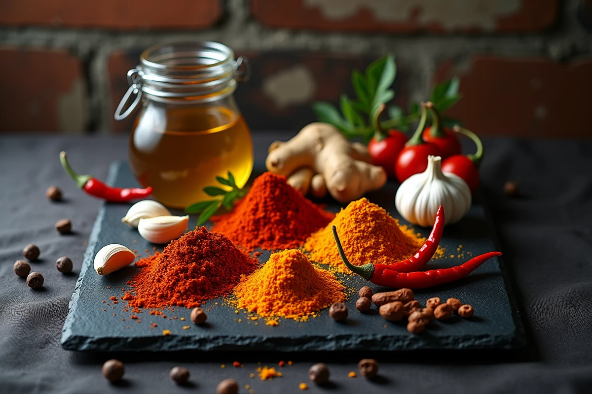 Assortiment de superaliments pour le foie incluant piments séchés, curcuma, ail et gingembre sur ardoise noire, alimentation détoxifiante naturelle