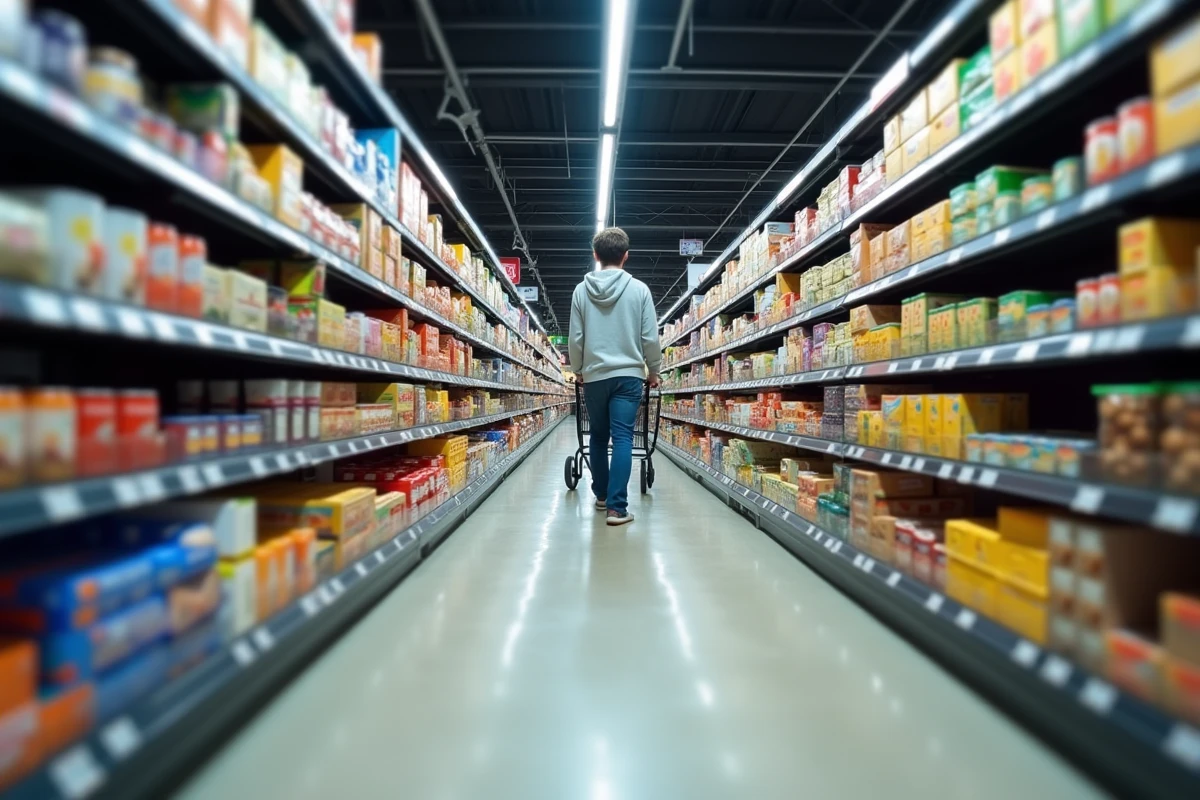 Allée de supermarché bien organisée avec des étiquettes de prix stables, évoquant une économie sans pression inflationniste