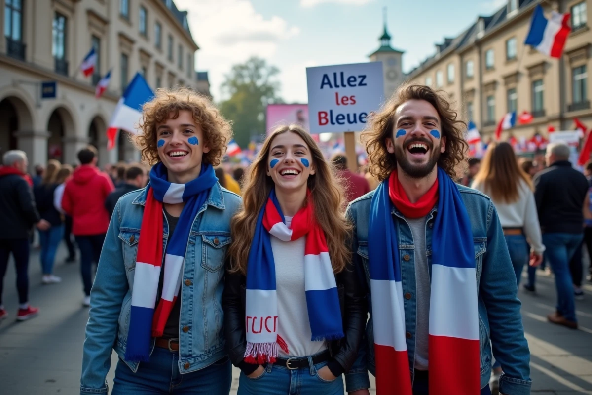 Supporters français en tenue tricolore rassemblés dans une fan zone lors de l'Euro de football