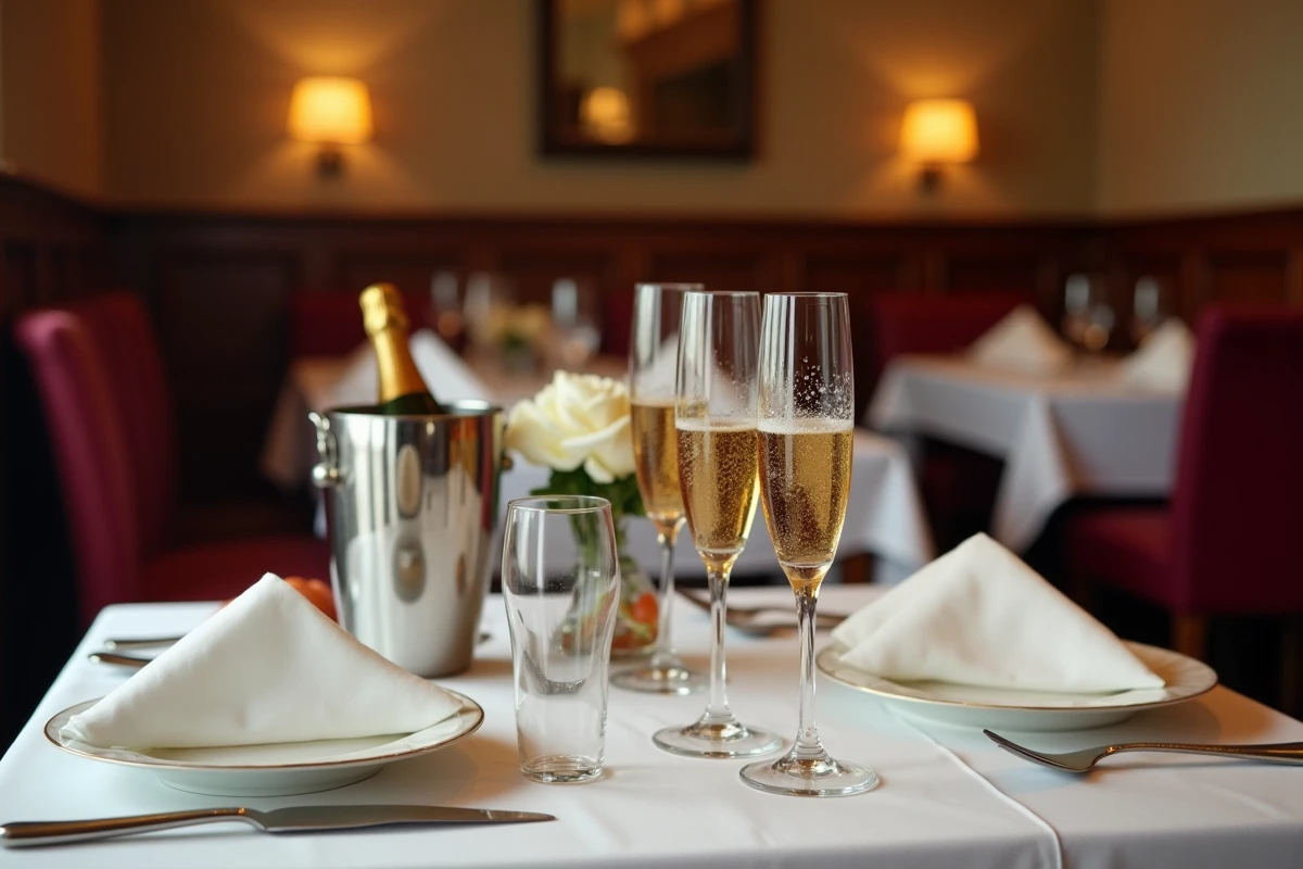 Table élégante dressée dans un restaurant gastronomique de Reims avec flûtes de champagne, seau à glace et nappage en lin blanc