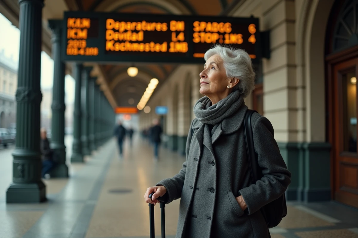 Femme observant le tableau des départs d'une grande gare historique avec un panneau à lamelles affichant les destinations