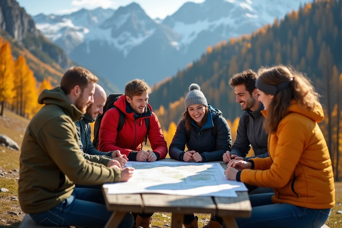 Équipe de professionnels participant à une activité de team-building en montagne lors d'un séminaire en Savoie