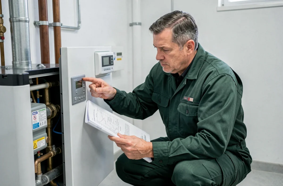 Un technicien de Technichauffplomberie inspectant une chaudière moderne et son panneau de commande dans un placard technique