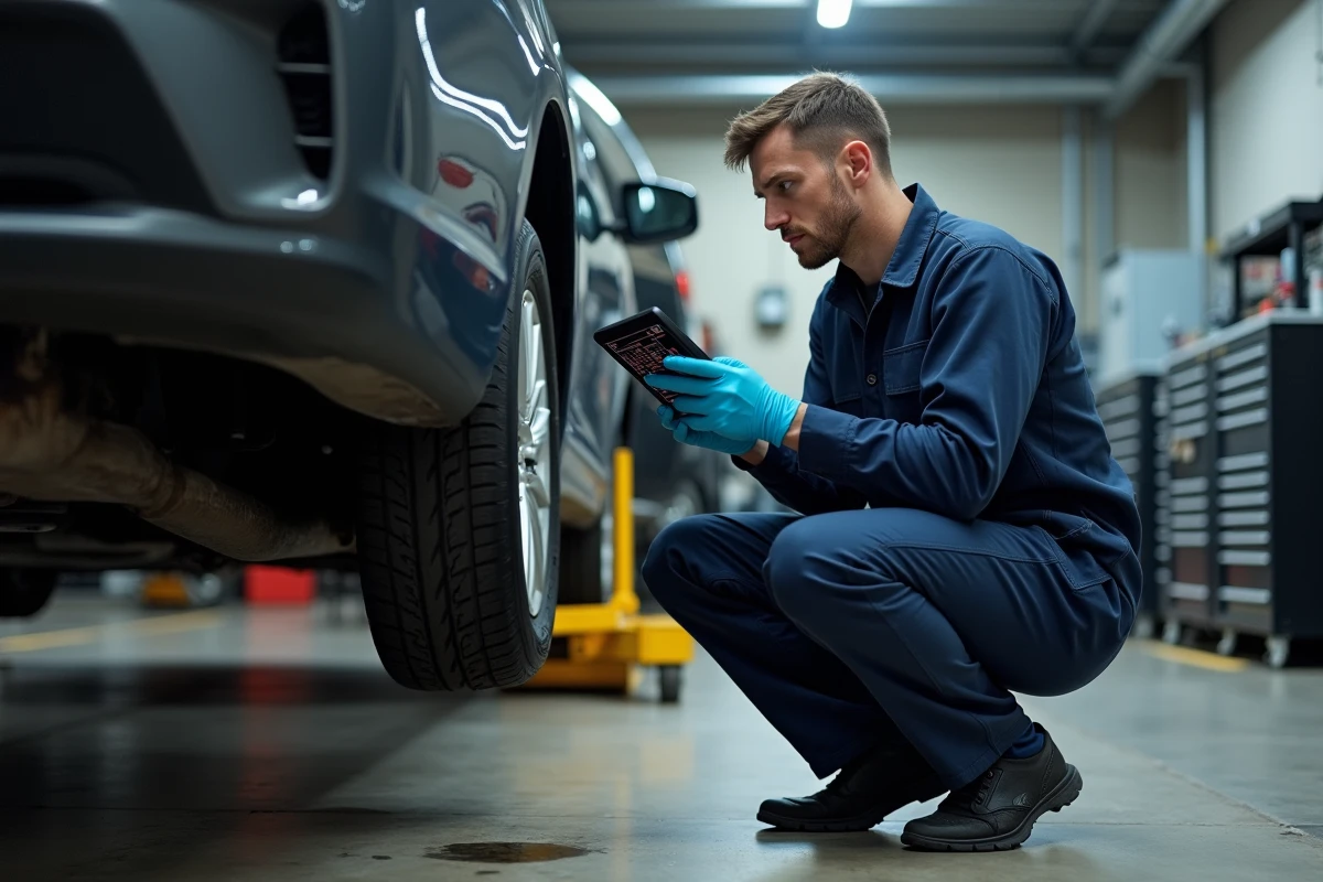 Technicien automobile effectuant un contrôle des émissions polluantes conforme à la norme Euro 3 dans un garage professionnel