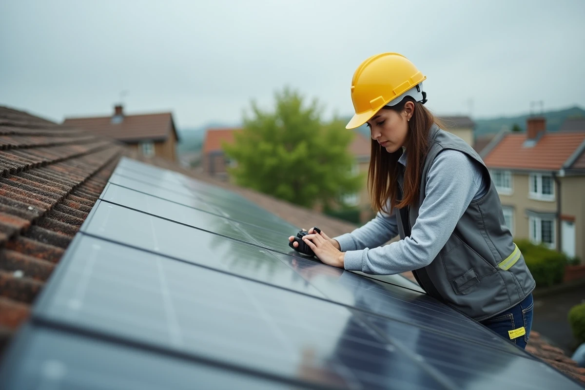 Une technicienne inspecte des panneaux solaires installés sur un toit résidentiel dans un quartier pavillonnaire