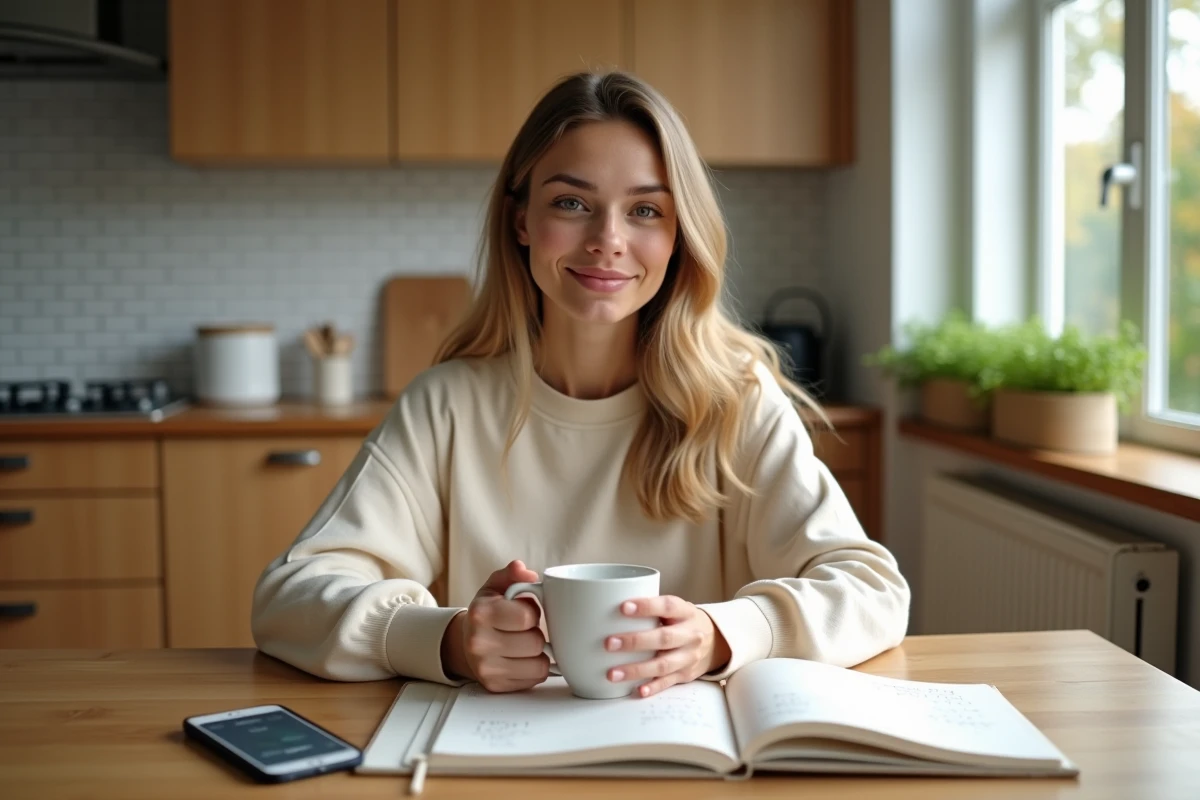 Jeune femme sereine prenant des notes sur des techniques d'apaisement face à l'intelligence artificielle dans une cuisine moderne