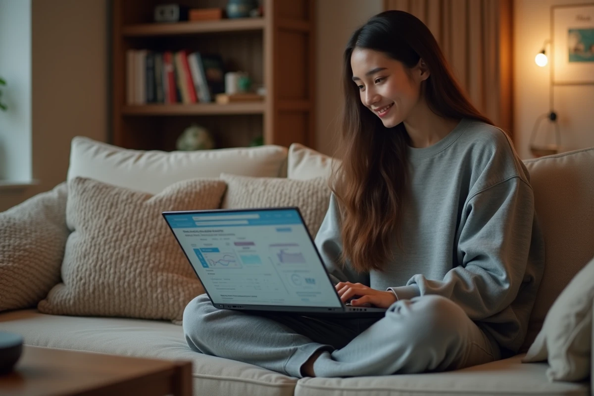 Jeune femme vérifiant le temps de jeu total sur son compte League of Legends via un site de statistiques sur laptop