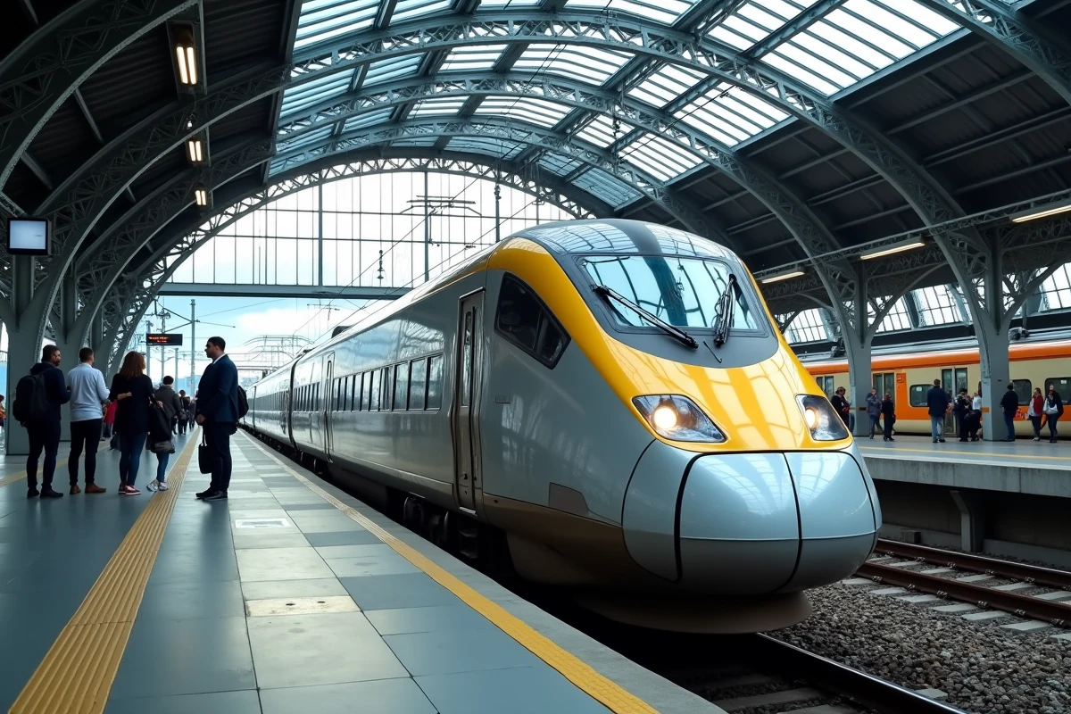 TGV entrant en gare moderne avec voyageurs sur le quai, architecture métallique de la grande halle ferroviaire