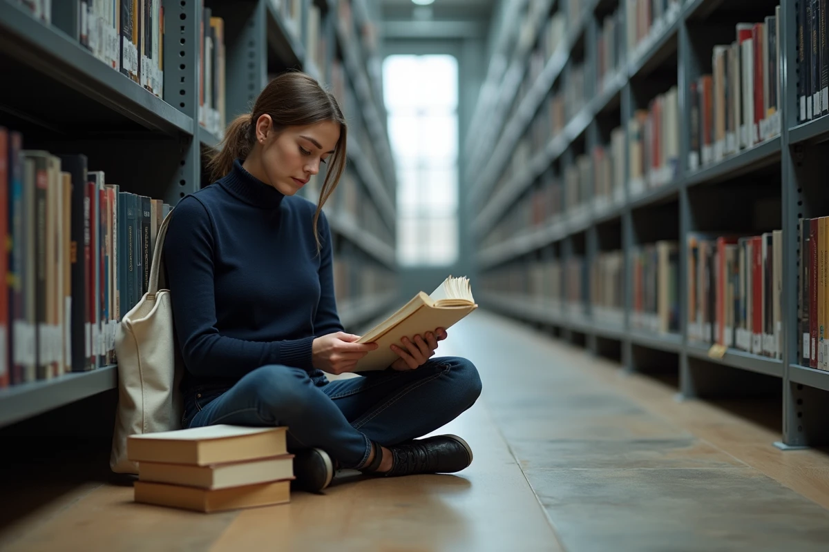 Étudiante en sociologie lisant un ouvrage sur la théorie de Bourdieu dans une bibliothèque universitaire entre les rayons de livres