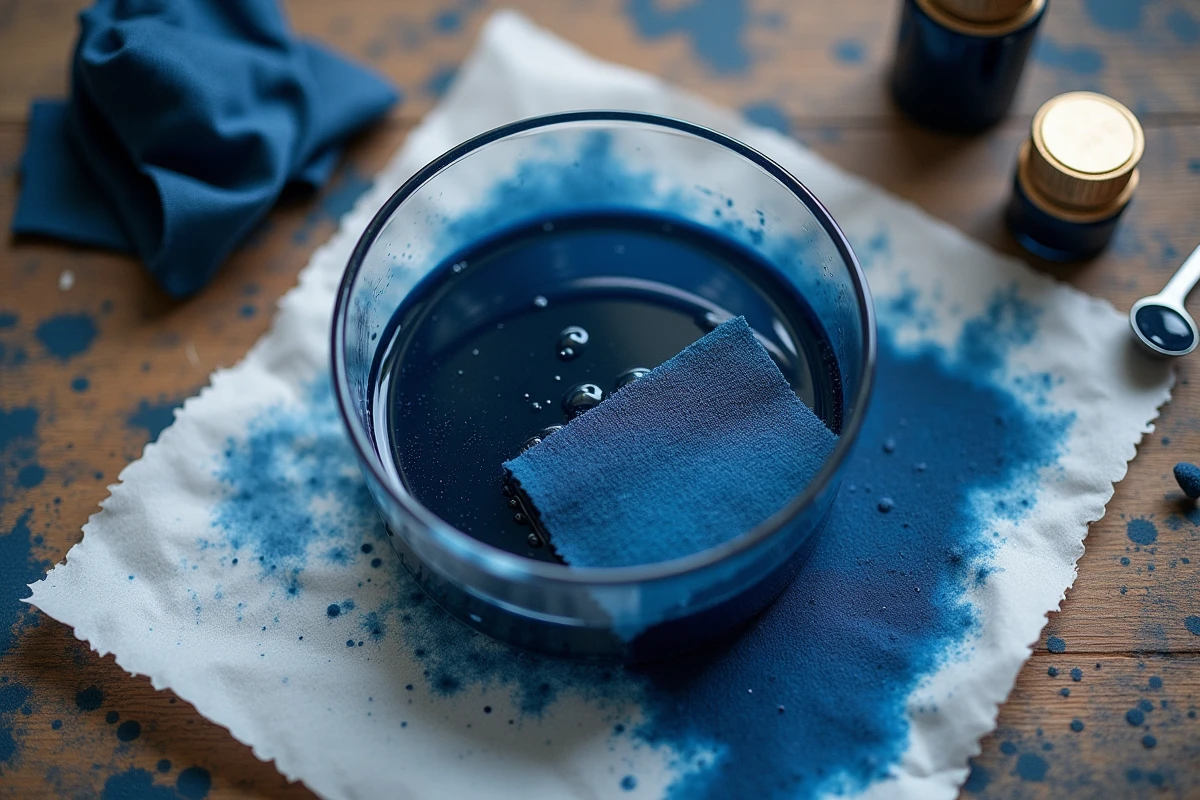 Gros plan d'un tissu en polyester trempé dans un bain de teinture indigo avec des accessoires de teinture textile sur un établi en bois