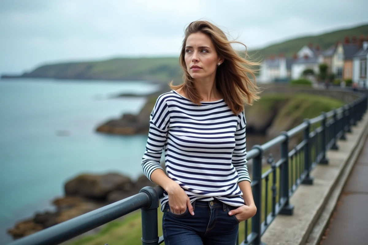 Femme touriste en marinière bretonne observant la baie depuis une promenade maritime en Bretagne, avec le port de pêche en arrière-plan