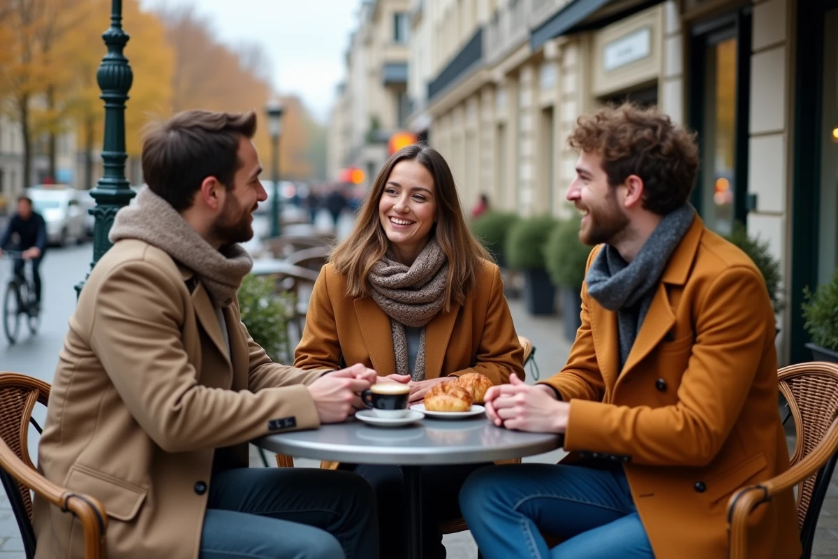 Groupe d'amis attablés en terrasse d'un café parisien au bord de la Seine à Paris, avec des croissants et des expressos sur fond de façades haussmanniennes