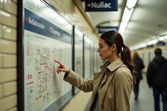 Touriste consultant le plan du métro parisien affiché sur le mur carrelé d'une station