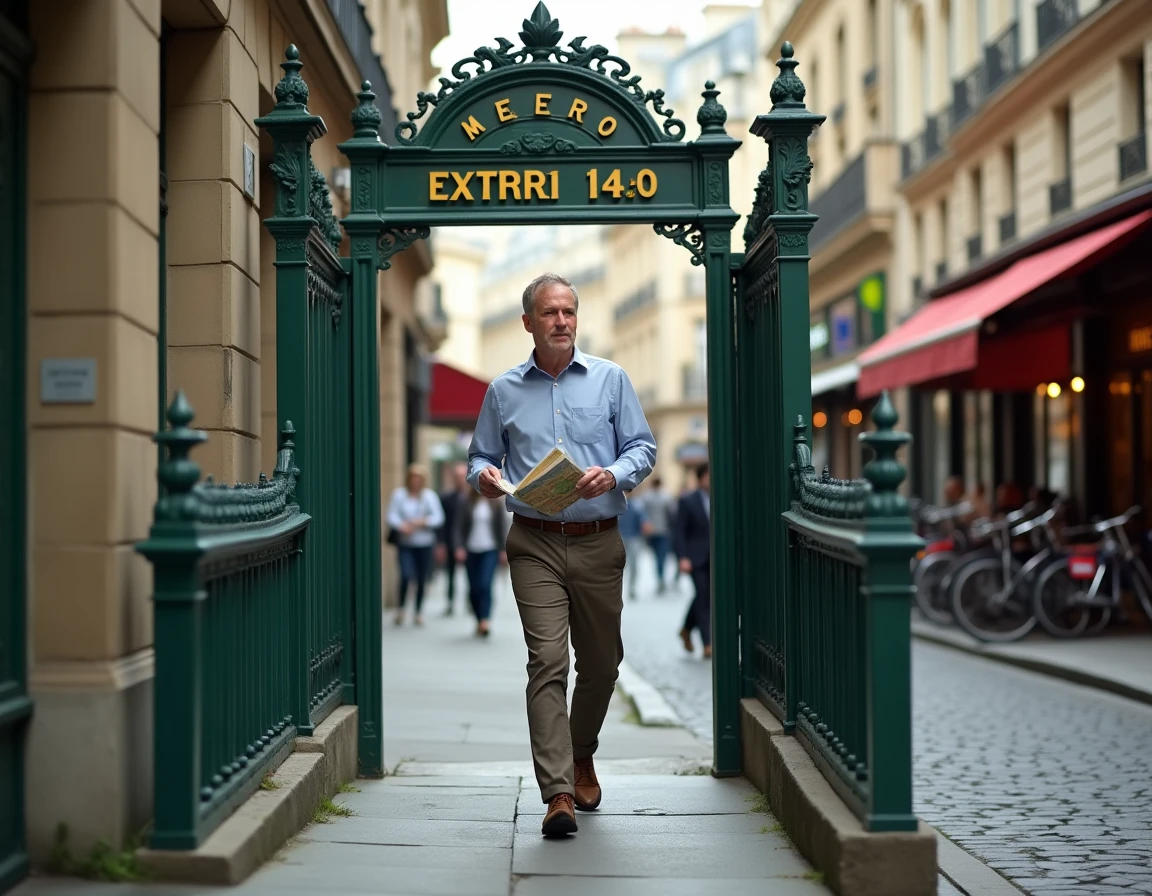 Touriste sortant d'une station de métro parisienne avec un guide touristique à la main