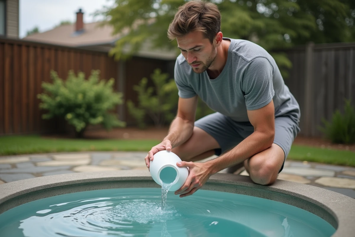 Homme ajoutant un produit de traitement dans l'eau d'un spa rond sur une terrasse en pierre