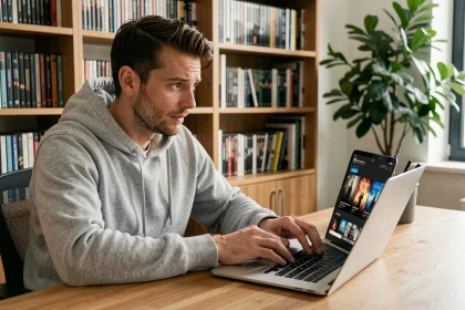 Homme cherchant la nouvelle adresse d'un site de streaming de films sur son ordinateur portable dans un bureau à domicile