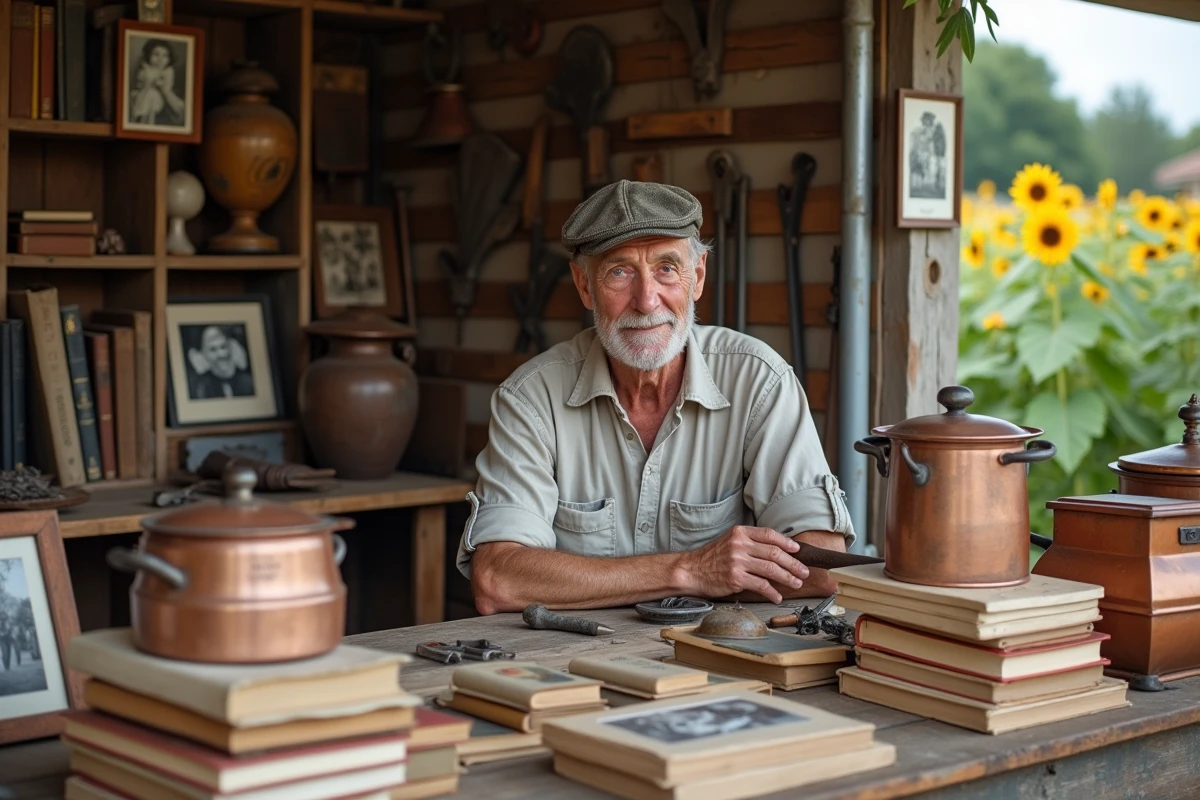 Vendeur de brocante assis derrière son stand rempli d'objets anciens et de livres vintage en Lot-et-Garonne
