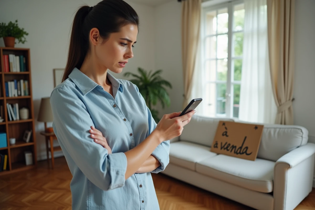 Femme debout dans un salon à côté d'un canapé à vendre avec une pancarte, l'air préoccupée en regardant son téléphone sans réponse