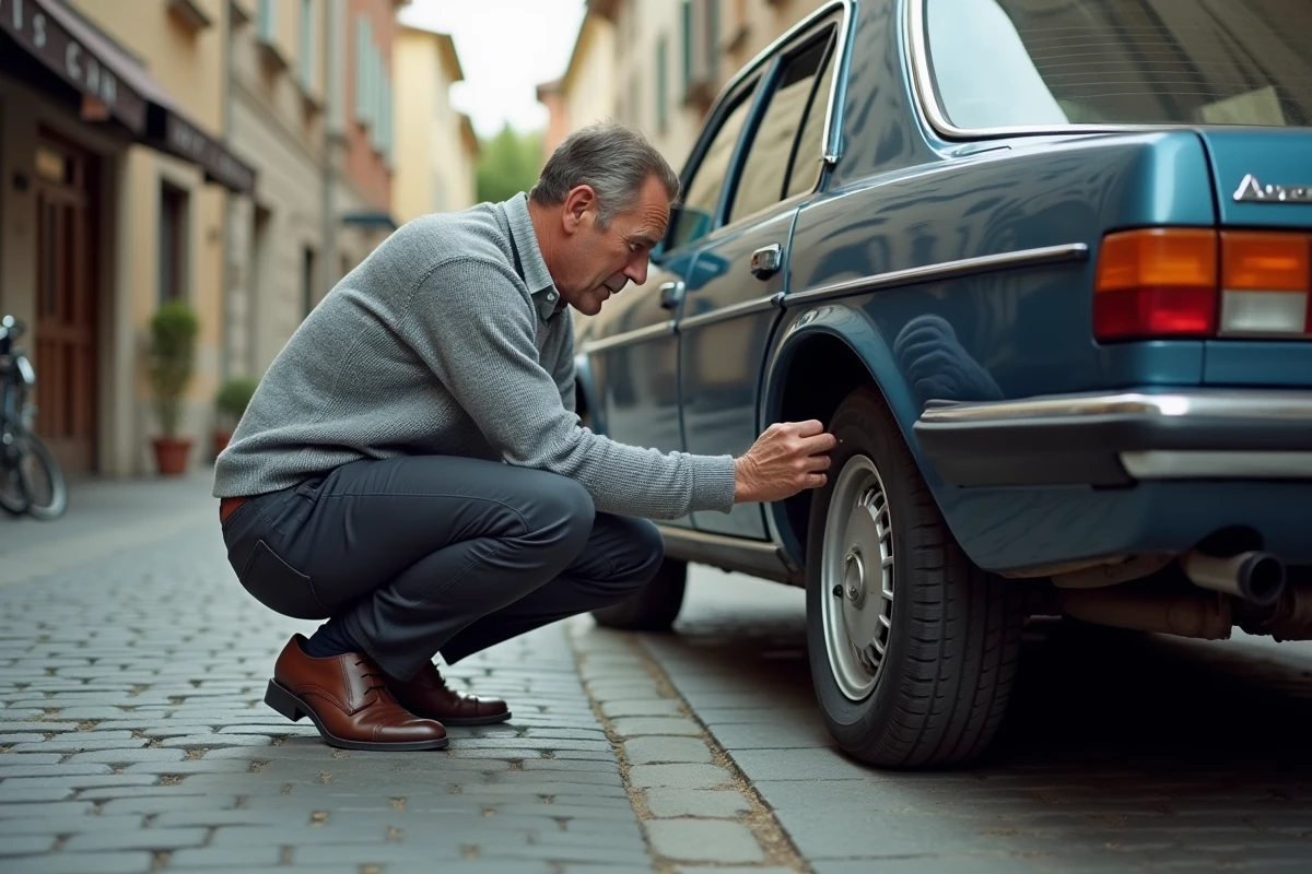 Homme examinant les freins et les pneus d'une berline classique des années 80 sur une rue pavée