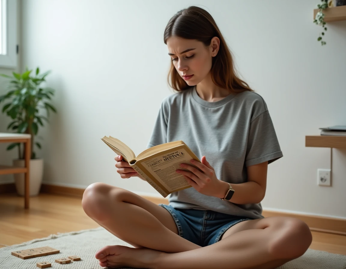 Jeune femme consultant le dictionnaire officiel du Scrabble pour vérifier la validité d'un mot
