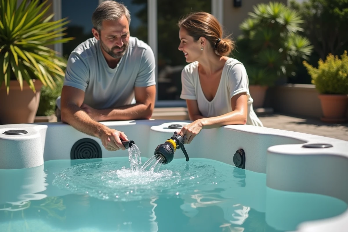 Couple vidangeant l'eau d'un spa domestique sur une terrasse pavée