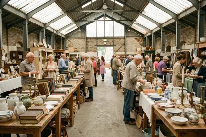 Vide grenier couvert en salle à Morbihan avec stands de brocante vintage sous un hangar abrité