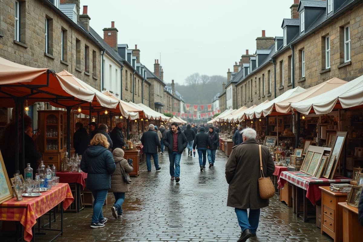 Vue panoramique d'un vide grenier animé sur une place de village en Bretagne, Finistère, avec visiteurs et étals chargés d'objets anciens